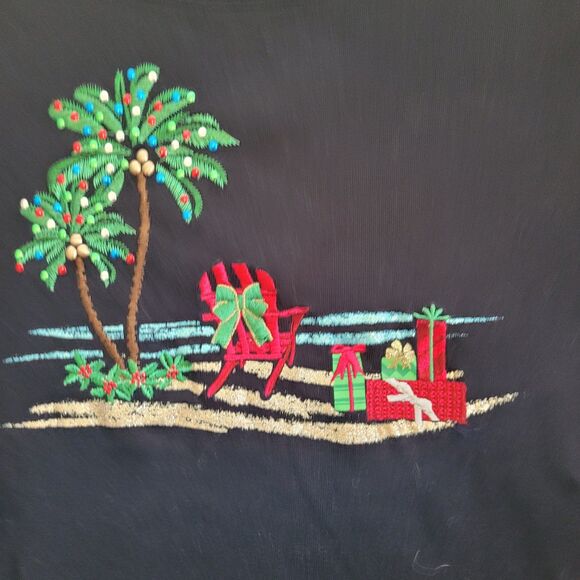 Karen Scott Christmas T-Shirt 1X Black Beach Palm Trees 3/4 Sleeves Embroidered - Picture 1 of 8